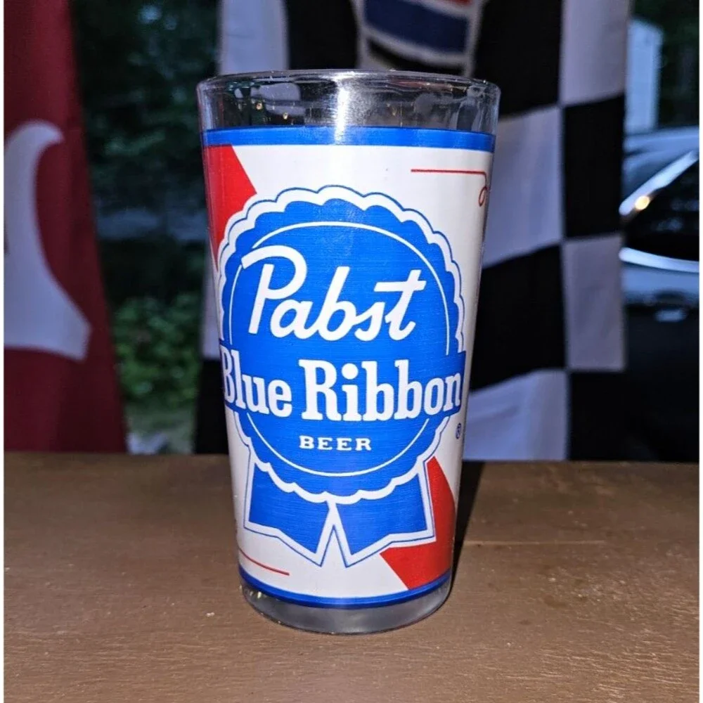 Vintage Pabst Blue Ribbon PBR & Budweiser Beer Glasses Set of 2 12 oz Barware